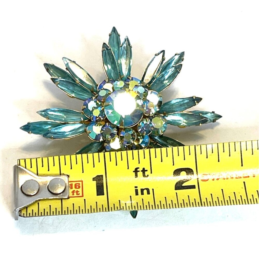 Judy Lee Aqua Blue AB Rhinestone Brooch Pin Clip On Earrings Set Starburst VTG - Picture 10 of 16